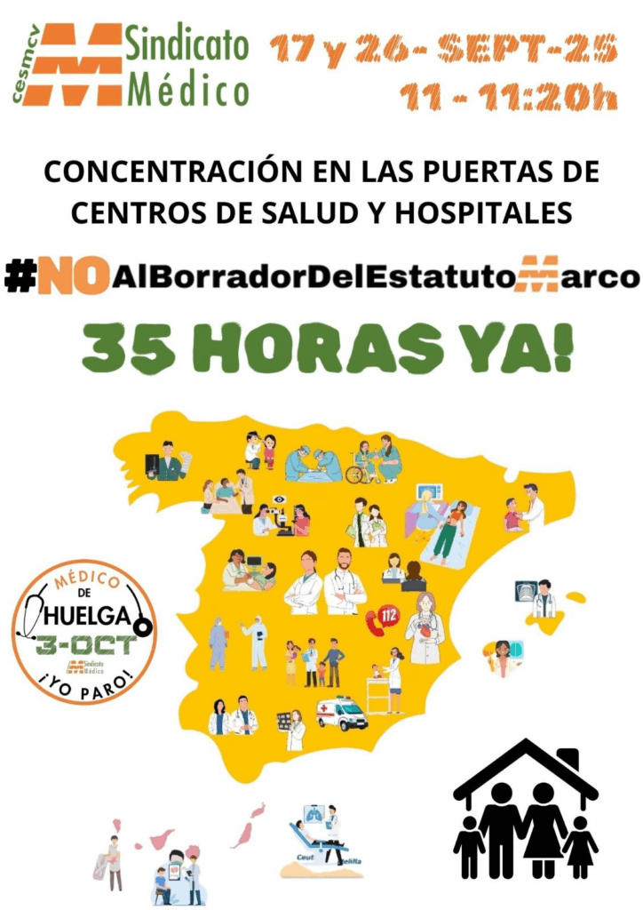 Nos oponemos al borrador del Estatuto Marco del Ministerio de Sanidad y a la implantación de la jornada laboral de 35 horas. Consideramos que estas medidas no se ajustan a la realidad de nuestro sector, generan incertidumbre y pueden afectar de manera negativa a la organización y calidad del sistema sanitario